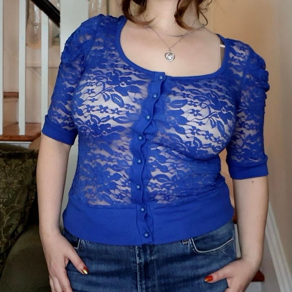 Cobalt Blue Sheer Lace Top Sz Medium Button Front Y2K Whimsigoth Colorblock